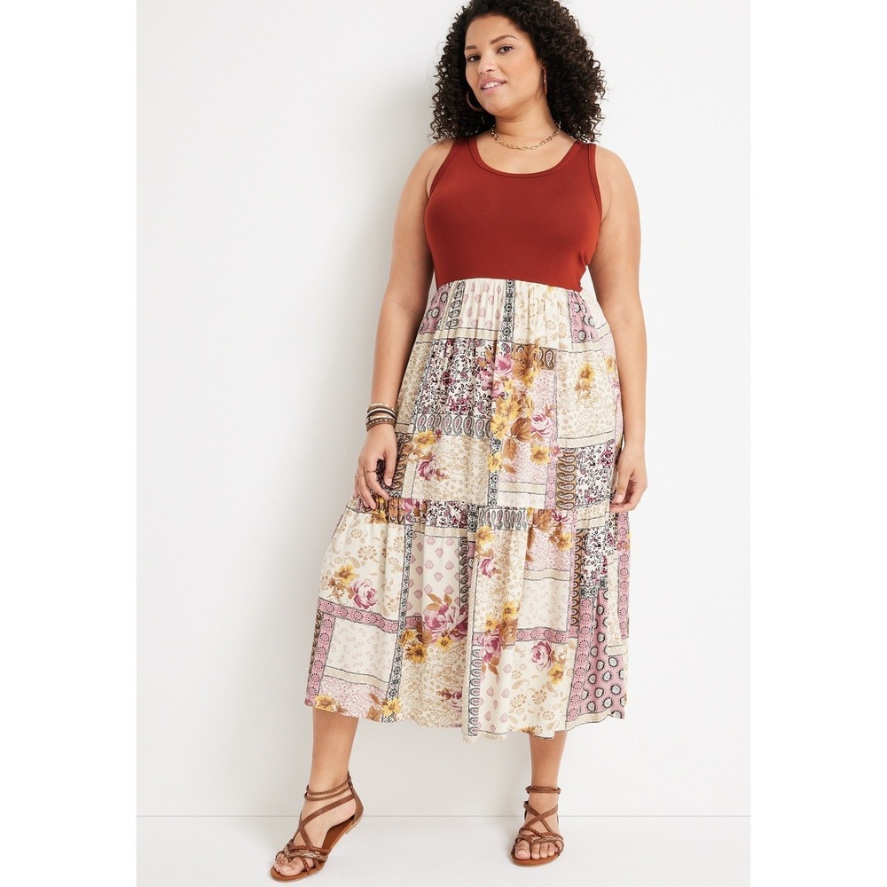 Maurices Womens Large Sleeveless Maxi Dress Rust Orange Patchwork Floral Tiered